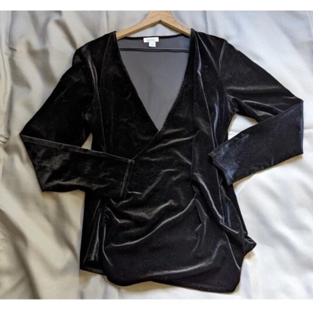 Sundance Black Velour Top L Faux Wrap Stretch Whimsigoth Boho Chic Classic - Picture 2 of 13